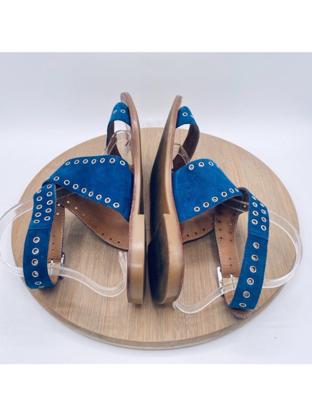 Miz Mooz Sandals Womens 8.5 Blue Leather Ankle Strap Studded Flats Peep - Picture 9 of 12